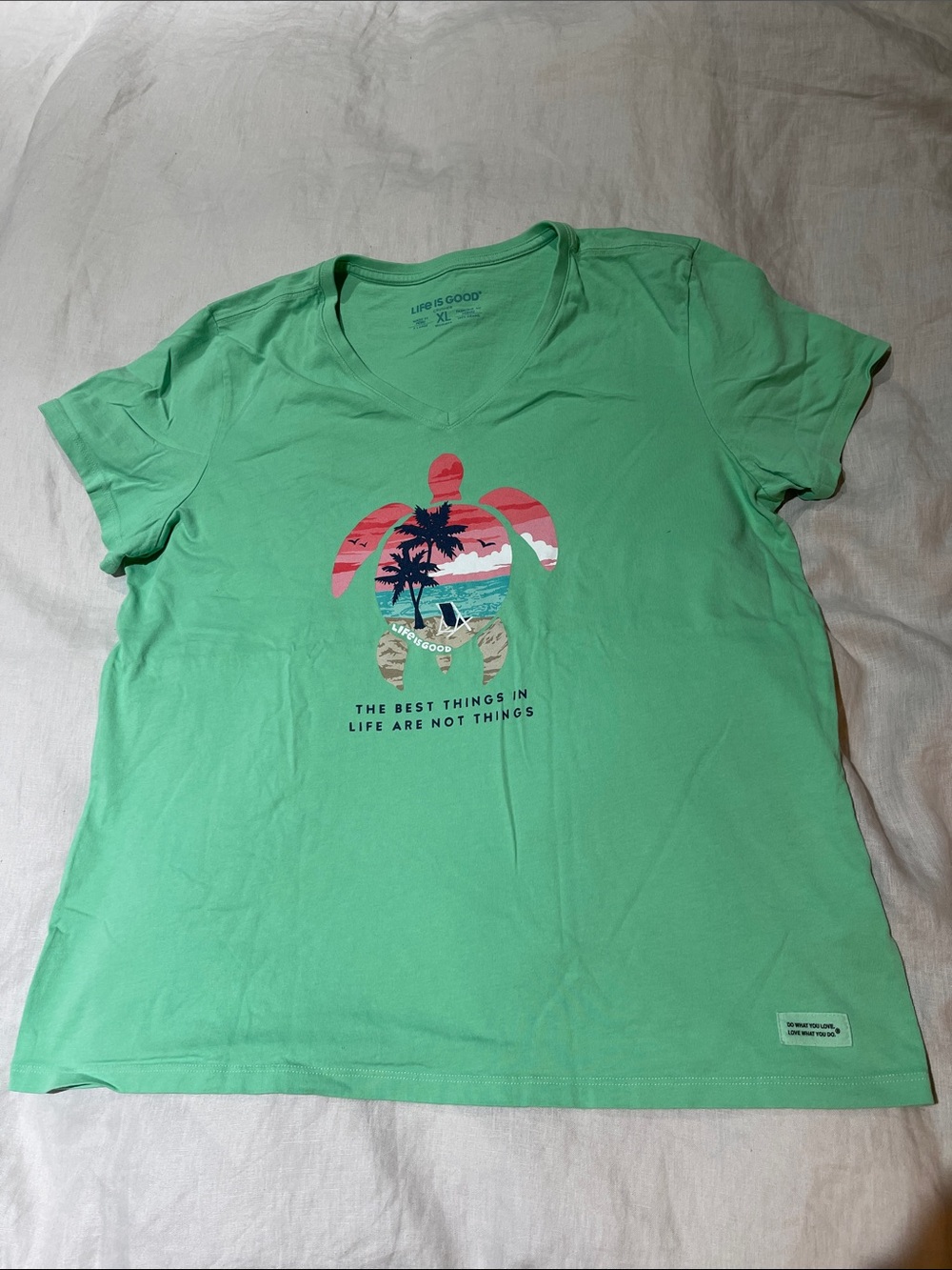 Life Is Good Women's Mint Green V-Neck Tee with Tropical Turtle Graphic